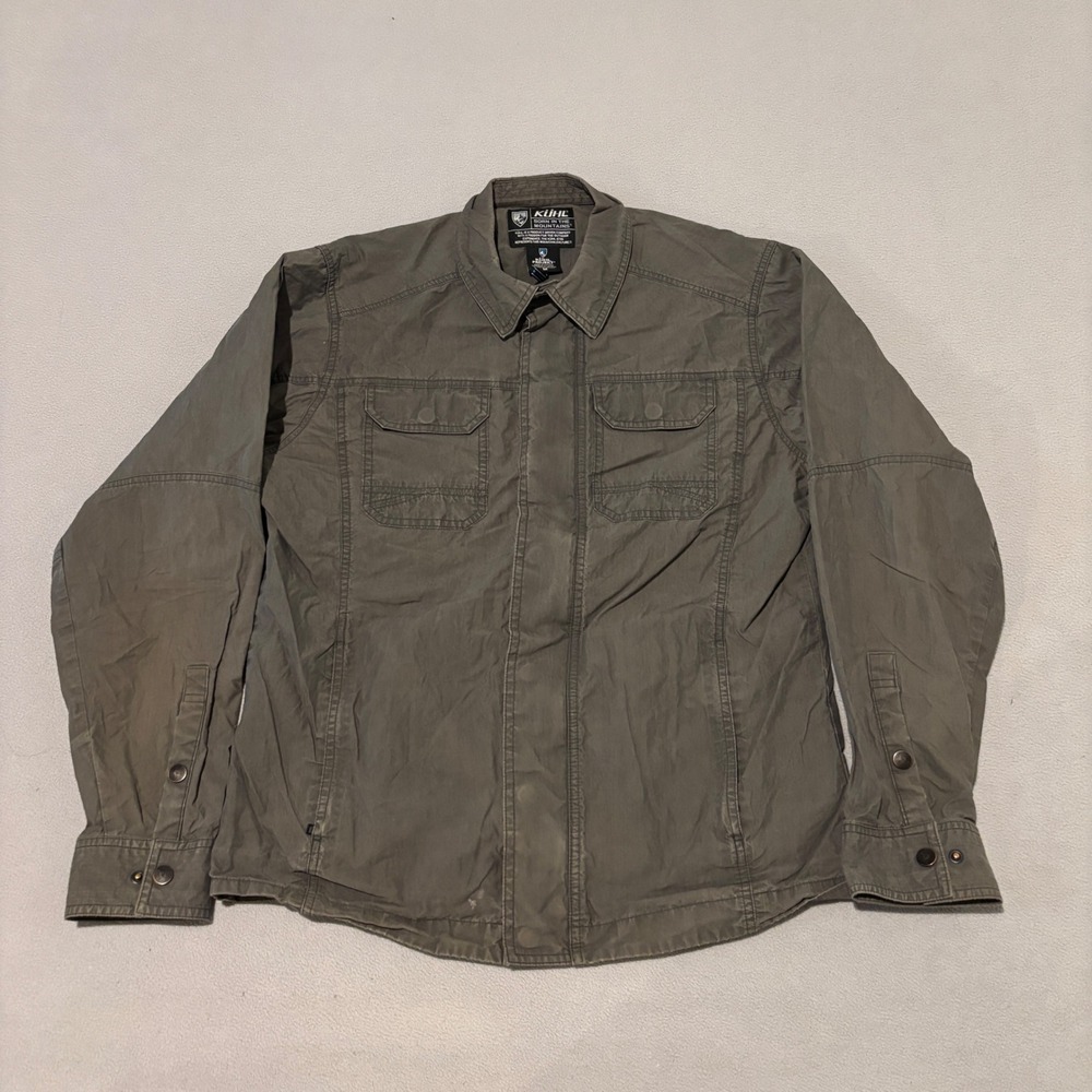 Kuhl Projekt Men Olive Green Full Zip Snap Shirt Jacket Size Medium Hiking Gorp